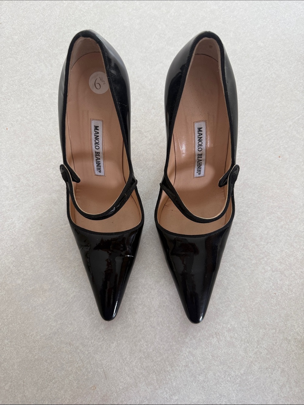 Manolo Blahnik Black Patent Mary Jane Pointed Pumps